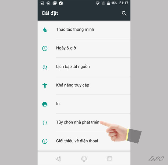 Chọn tùy chọn nhà phát triển